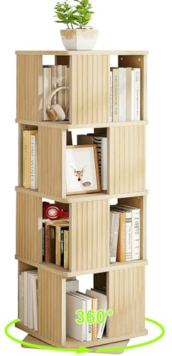 YOSHOOT Libreria girevole a 4 ripiani, altezza 129,3cm,girevole a 360°,mensola angolare girevole da pavimento, scaffale per libri, per studio, camera da letto, soggiorno,45x45x129,3cm(Rovere chiaro
