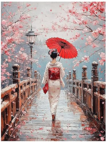 Pintar por Numeros Adultos Geisha Kit Manualidades Adultos con Lienzos para Pintar 80 x 60cm Pintura Acrilica y Pinceles, flores de cerezo Cuadros Decoracion Salon Modernos, Regalo Mujer 8YH-1433