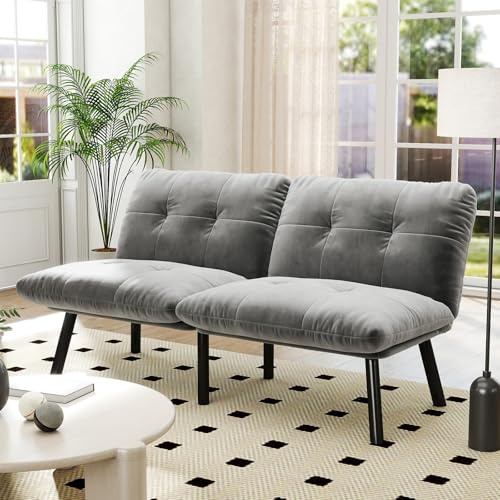 Aceinheu Klappbares Sofabett 2-Sitzer • Samtstoff Futon Couch • Platzsparendes Gästebett • Ohne Werkzeug montierbar • Für Wohnzimmer & Kleine Apartments • Velours Bezug (Gray)