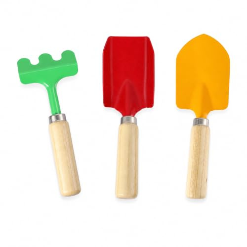 GOOGO Juego de 3 herramientas de jardinería para niños, mini herramientas de jardín con asas de madera resistentes, pala de metal, rastrillo y pala, herramientas de excavación de caja de arena para