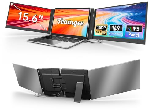 Teamgee Laptop-skärmförlängare, 15,6 Ultra-Slank FHD Bärbar Monitor, Plug & Play Trippel Laptop-skärmförlängare för Resa, Arbete och Spel, Kompatibel för Mac/Windows/Android/Dex