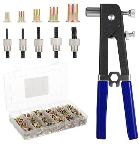 Gueenky Pince à Insert Fileté, Pince à Rivet Insert avec 430 M3 M4 M5 M6 M8 Écrous à Sertir et 5 Mandrins, Kit de Pistolet à Écrou Riveteuse pour Réparation Auto & Métal
