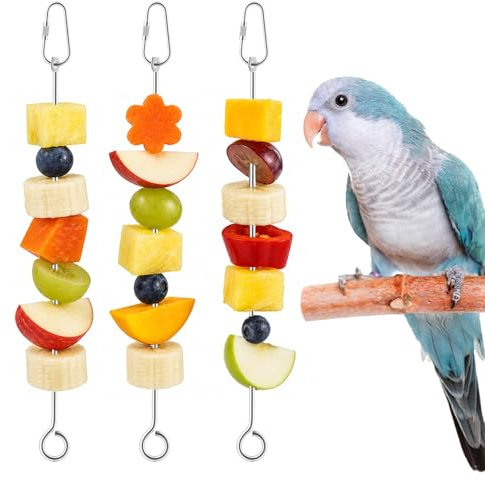 Pawfly Lot de 3 brochettes INOX pour Fruits/légumes, Support Suspendu avec Crochet, Jouet de Recherche pour perruches