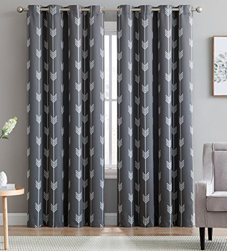 HLC.ME Arrow Printed Blackout Room Darkening Thermal Grommet Window Curtain Drape Panels for Bedroom - Set of 2 - Grey - 84 inch Long