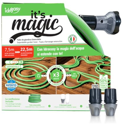 Idroeasy, Tubo Acqua Estensibile da Giardino 22,5 Metri, Diametro 5/8, Tubo Irrigazione Estendibile x3 Volte, Anti Nodo e Anti Torsione, Atossico, Leggero, Salvaspazio e Riciclabile, Made in Italy