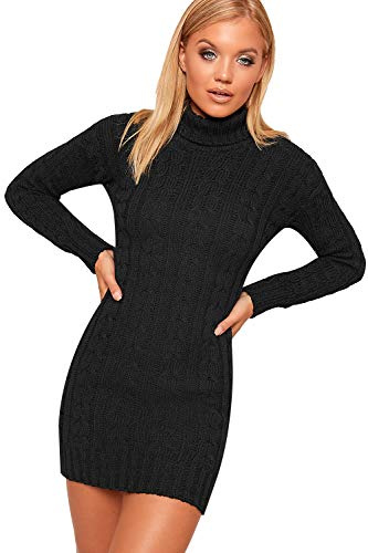WearAll Women's Polo High Neck Long Sleeve Cable Knitted Jumper Dress Ladies Bodycon Mini - Black - 12-14