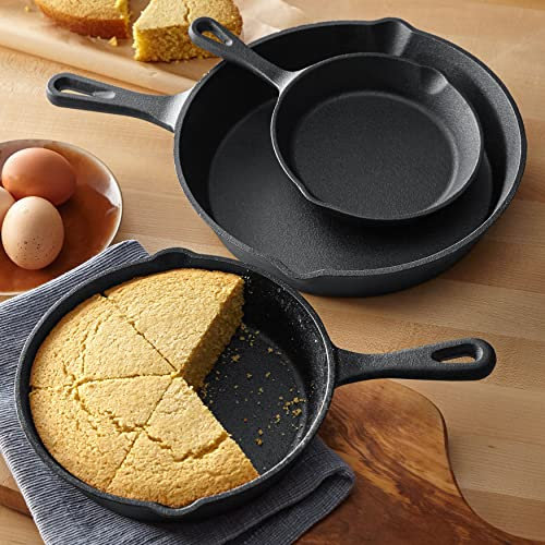 BrylaneHome Juego de 3 sartenes de hierro fundido de alta resistencia de calidad profesional, sartenes de 10, 8 y 6 pulgadas, ideal para freír, saltear, cocinar, pizza y más, color negro
