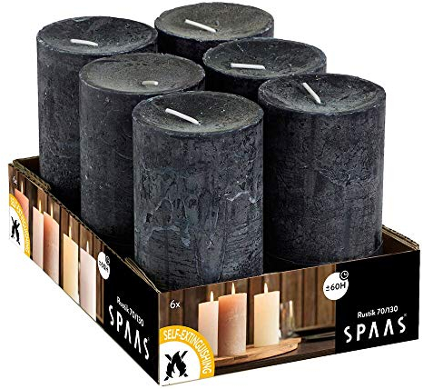 SPAAS 6 Rustikale Stumpenkerze 68/130 mm, ± 60 Stunden, ohne Duft - schwarz