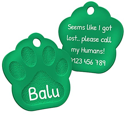 ENGRAVO Hundemarke mit Gravur in Grün 26mm | Pfote Halsbandanhänger personalisiert | Namensschild für Halsband | Anhänger Marke für Hunde, Welpen & Katzen | Dog Tag mit Wunschgravur