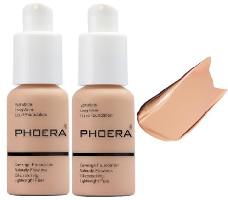 2 Pack PHOERA Foundation,Full Coverage Concealer Flawless Soft Matte 24HR Oil Control Liquid Foundation Makeup .(104 Buff Beige）