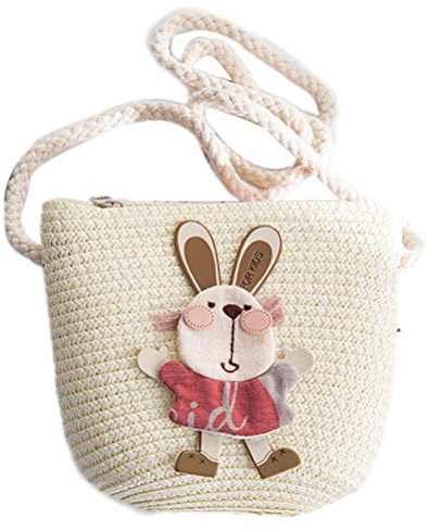 BSTCAR Stroh Tasche Mädchen, Strohtasche Handtasche Umhängetasche Cartoon Hasen Kaninchen Mini Strandtasche Stroh Geschenk für Kinder