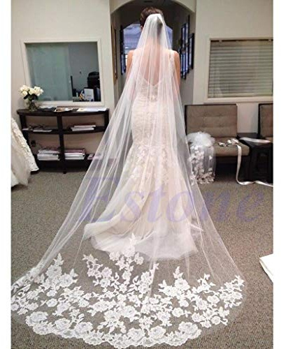 YO-HAPPY Velo de Mujer, 1 Capa Blanco Catedral Longitud Encaje Borde Novia Boda Nupcial Velo Largo + Peine