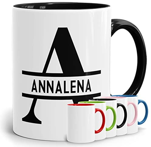 Personalisierte Tasse 0,3 L - Namenstasse mit Anfangsbuchstaben und Namen Keramik - personalisiert mit Initial einfarbig schwarz - viele Tassenfarben