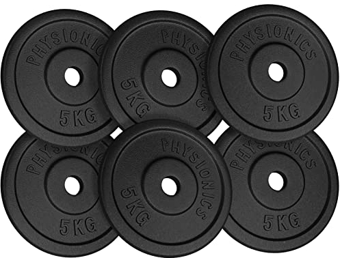 Physionics® Gusseisen Hantelscheiben Set - 2x5/4x5/6x5/2x10/4x10/6x10/2x15/4x15/6x15/2x20/4x20/6x20 kg, Ø30mm Bohrung, für Langhantel und Kurzhantel - Gewichtsscheiben, Gewichte Set (6 x 5kg (30kg))