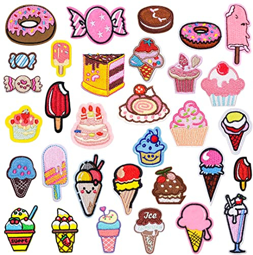 Zayookey 32 Stück Patches zum Aufbügeln Applikation Buegelbilder Bestickte Patches Sticker Krapfen Gestickte Aufnäher für Jacken Hut Kleidung Dekoration DIY Bekleidung zubehör (Dessert Patch)