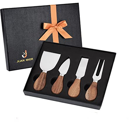 JLIAN MIOR Exquisites 4-teiliges Käsemesser Set, komplette Käsemesser-Kollektion aus Edelstahl (Griff aus Akazienholz), fertig zum Verschenken