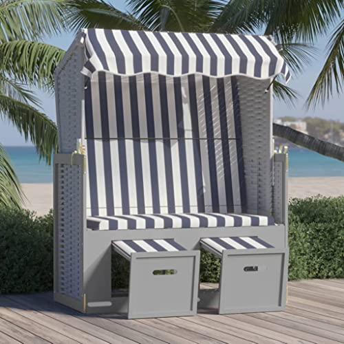 INLIFE Strandkorb mit Dach Poly Rattan und Massivholz Blau & Weiß