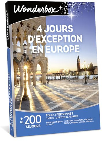 Wonderbox - 4 Jours D'exception en Europe - Coffret Cadeau - Idée Cadeau Séjours | 3 nuits avec petits déjeuners - Plus de 200 séjours - Hôtel prestigieux 4* ou 5* à Athènes, Budapest, Milan, Barcelone, Rome