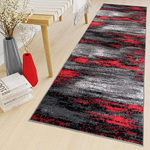TAPISO Maya Teppich Läufer Meterware Kurzflor Wohnzimmer Flur Küche Modern Brücke Grau Rot Schwarz Verwischt Meliert Design ÖKOTEX 80 x 180 cm