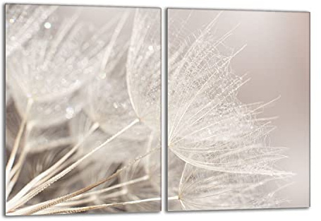Herdabdeckplatten Set 2x40x52 cm Ceranfeld Abdeckung Glas Spritzschutz Abdeckplatte Glasplatte Herd Ceranfeldabdeckung Deko, Löwenzahn Beige