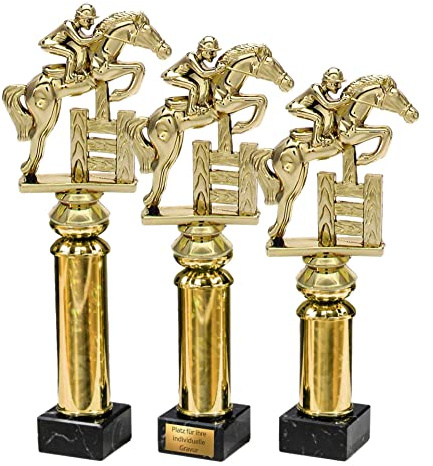 eberin · Springreiten Pokal mit Gravur/Wunschtext · Pferdesport Cup · Springreiter mit Pferd auf Goldsäule/Marmor · Reitsport Pokal in 3 Größen erhältlich ·