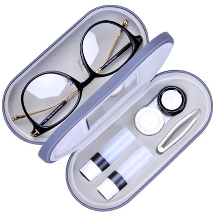 Muf 2 in 1 Double Sided Portable Contact Lens Case and Eyeglasses Case,Dual Use Design with Built-in Mirror,Tweezer and Contact Lens Solution Bottle Included for Travel Kit,Grey