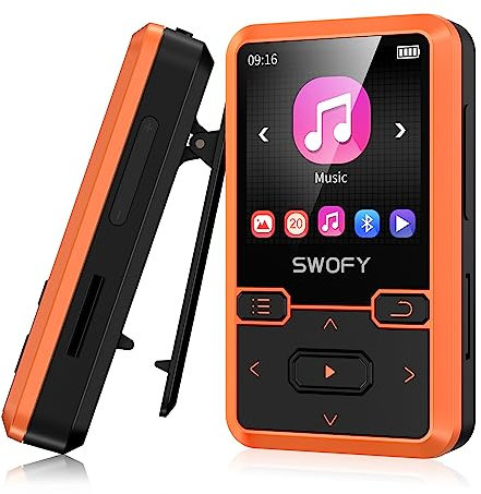 32GB Clip MP3 Player Bluetooth 5.0, Portable Wearable Sports Music Player, Ultra Light Hi-Fi Lossless Sound Quality MP3 Player for Kids, FM Radio Support, Pedometer, Max 128GB (Orange)