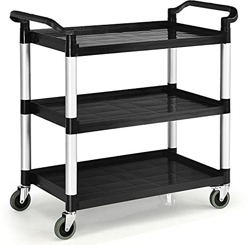 COSTWAY Chariot à roulettes 3 Étagères 150 kg, Chariot de Service Multifonctionnel avec Poignées adaptées, 4 Roues Flexibles (2 Verrouillable), 103 x 49 x 98 cm, Noir
