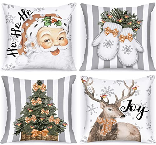 Lanpn 4 Stück Weiß und Grau Vintage Kissenbezug Weihnachten Kissenhülle 60x60 cm, Retro Rustikal Weihnachtsmann Dekorative Weihnachtskissen für Weihnachtsdeko Christmas Bettwäsche Sofa Decorations