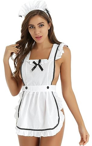 WEITING Frauen Sexy Dienstmädchen Cosplay Kostüm Rüschen Vintage Schürze Küche Kochen Putzen Kleid Tanga Cosplay Dessous-Weiß-Einheitsgröße