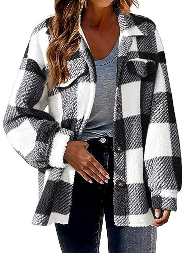 Manteau d'hiver à carreaux Femme Revers Chaud Veste en Peluche Manches Longues Casual Chaud Polaire Manteau d'extérieur, Noir , M
