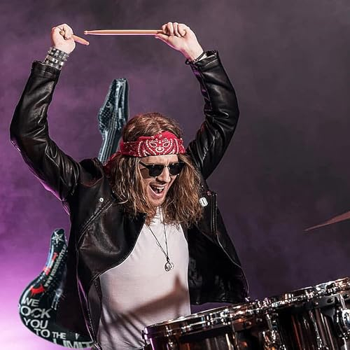 Singtis Herren Kostüm Rock Star 70er 80er 90er Jahre Outfit Herren Gothic Kleidung mit Punk Bandanas Handschuhe,Punk Kette, Lederarmband,Tattoo Ärmel,Sonnenbrille,Perücke，Aufblasbare Gitarre