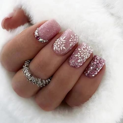 24Pcs Noël Faux Ongles French Carré Court Press on Nails Rose Brillant Artificiels Bâton sur Ongles Flocon de Neige Strass Ongles à Coller Acrylique Faux Ongles Autocollants pour Femmes et Filles