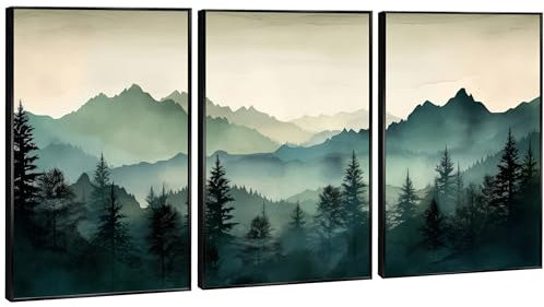 3 poster artistici da parete con foresta di pino verde, montagna nebbiosa, immagini ad acquerello, immagini di alberi di pino, stampe di grandi dimensioni paesaggio naturale, pittura moderna su tela