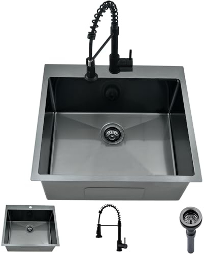 WMXQX Black Drop In Laundry Sink with Faucet Combo, 25x22x12 Utility Sink Drop In Stainless Steel Laundry Sink 16 Gauge 12 Deep Single Bowl Kitchen Sinks