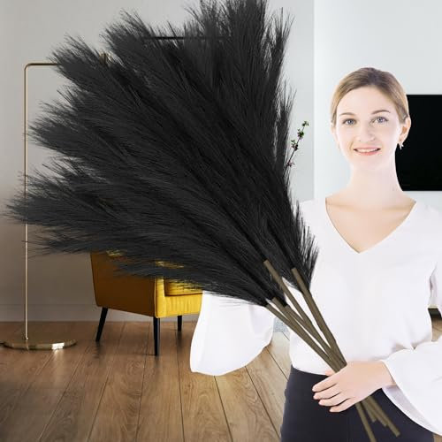 Lighterday 6 Stück Pampasgras Künstlich,110cm Pampasgras Groß, Flauschiges Trockenblumen Pampas Grass Deko für Bodenvase,Pampas Gras XXL für Wohnzimmer Schlafzimmer Tisch Boho Deko (Schwarz)