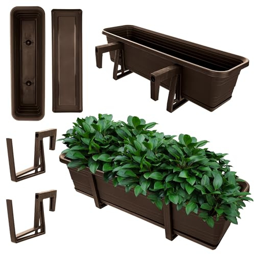 KADAX Blumenkasten mit Untersetzer im Set, mit oder ohne Blumenkastenhalterungen, Balkontopf aus Kunststoff, Pflanz-Kasten, Geländerkasten, Blumentopf (Mokka, 60cm + Halterungen)