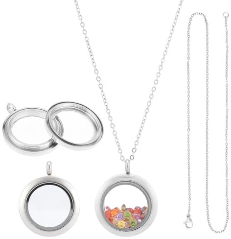 UNICRAFTALE 2 Sets Edelstahl Memory Medaillon Charm Flach Rund DIY Bild Foto Halskette Making Kit Kette Halskette mit Kristall Doppelseitiger Rahmen Glasbehälter Schwimmende Charms für Medaillons
