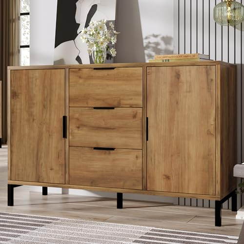 Merax Kommode Sideboard in Dunkler Eiche: Kommode mit 2 Türen und 3 Schubladen für Schlafzimmer & Wohnräume 120 x 40 x 76 cm