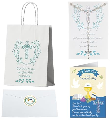 First Holy Communion Gifts for Boys, First Holy Communion Cards for Boys, Rosary Beads Catholic Pearl Cross Necklace for Kids, 1st Holy Communion Gift Bags for Boys(Blue)