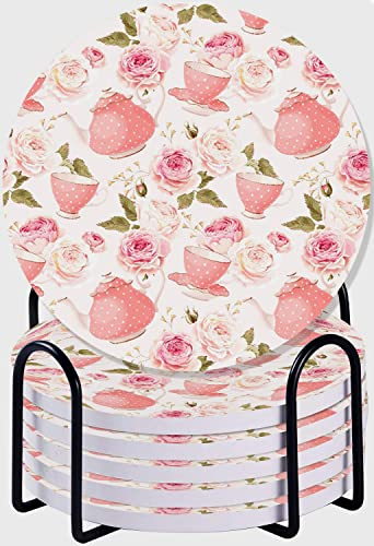 Sottobicchieri per bevande, tazze da tè in stile vintage con rose, stampa romantica shabby chic, sottobicchieri assorbenti con supporto, set di 6 sottobicchieri regalo per la decorazione della casa,