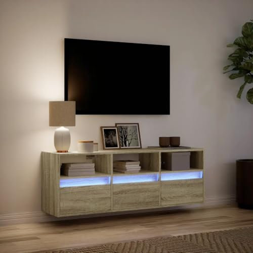 Canditree Meuble TV Suspendu avec Lumière LED, 130 cm Mural avec Rangement, Flottant avec 3 Tiroirs (chêne Sonoma)