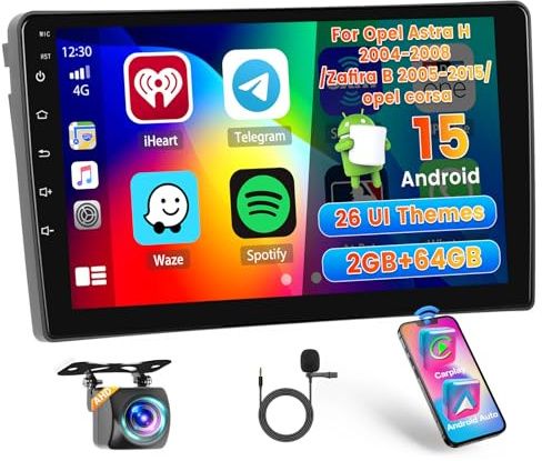 [2G+64G] Hikity Autoradio Für Opel Astra H 2004-2008 Zafira B 2005-2015 Android 15 Wireless Carplay Android Auto 9Zoll Auto Radio mit 26UI FM RDS GPS Navi WiFi EQ Bluetooth MIC Rückfahrkamera