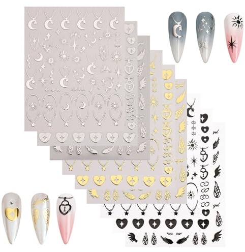 Lot de 9 feuilles d'autocollants pour ongles 3D dorés, argentés, noirs, cœurs, étoile, ailes d'ange, lune, paillettes, décoration d'ongles