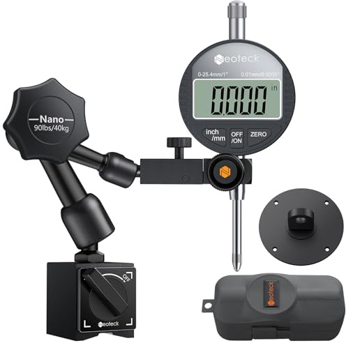 Neoteck 1/25.4mm (0.0005/0.01mm) Digital Indicator Set Dial Indicator and Magnetic Base Set with Storage Case, Ideal for 3D Printer Lathe Workshop CNC Machine Table Saw-90lbs(40kg) Max Pull-Black