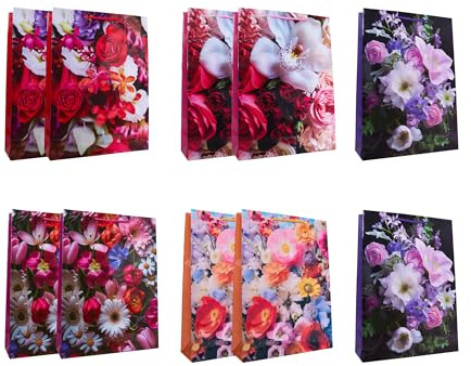 Idena 90226 - Geschenktüten Classic Blumen, 10 Stück, Geschenktaschen in der Größe 25 x 34 x 8,5 cm, glänzende Papiertüten mit bunten Blumen