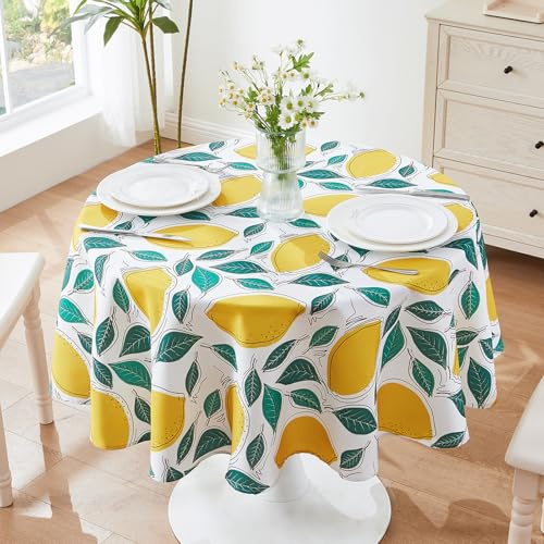 SUCHDECO Tischdecke Rund 150 cm Abwaschbar Tischdecke Wasserabweisend Runde Tischdecken Outdoor Tischtuch Gartentischdecke für Küche, Esszimmer, Esstisch, Couchtisch, Gartentisch, Gelbe Zitrone