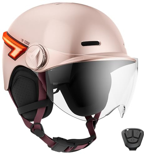 CASR Glow LED-cykelhjälm och skoter - XL-visir och avtagbara öronskydd, bakre blinkers och fjärrkontroll - vacker urban design för män och kvinnor - transparent rosa - storlek M