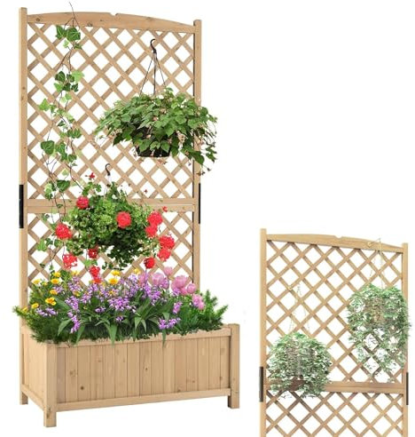 RELAX4LIFE Hochbeet aus Holz mit Rankgitter aus Raute und Abflusslöchern, freistehender Pflanzkasten für Kletterpflanzen (Gelb, 90 x 45 x 181 cm | Tanne) (Natur, 90 x 45 x 181 cm | Tanne)