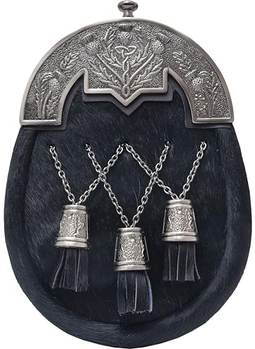 Elegante falda escocesa escocés para hombre, piel negra con cantón de cardo de peltre antiguo y cinturón de cadena de cuero, accesorio tradicional hecho a mano de las tierras altas, Negro, Talla única